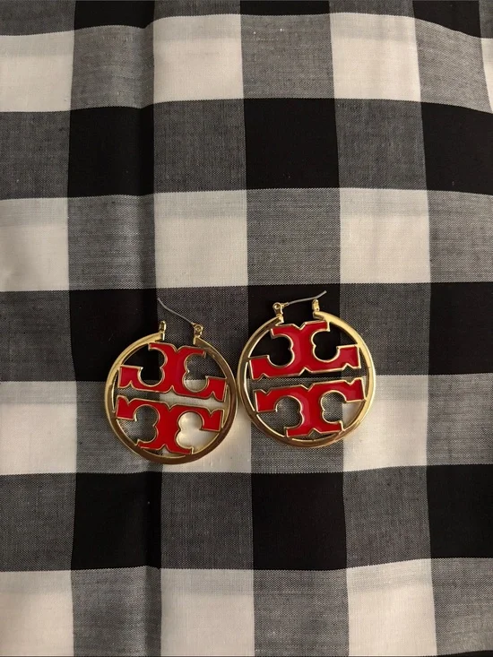 Tory Burch Gold Hoop Earrings with Red Enamel Logo