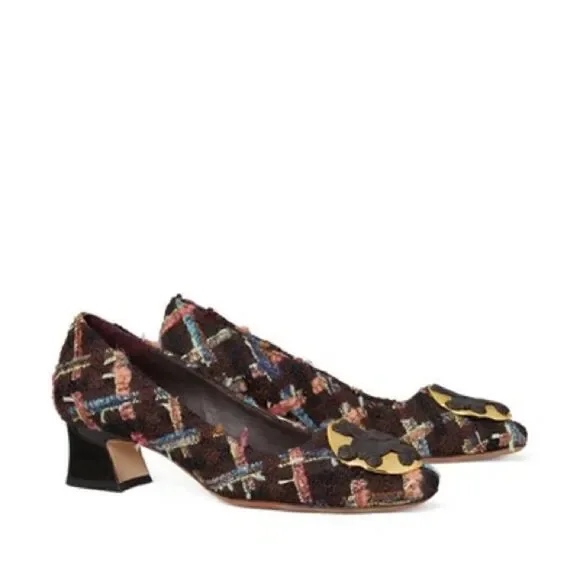 Tory Burch Wool Blend Mixed Media Tweed Plaid Pump In Brown/coco Size 6.5