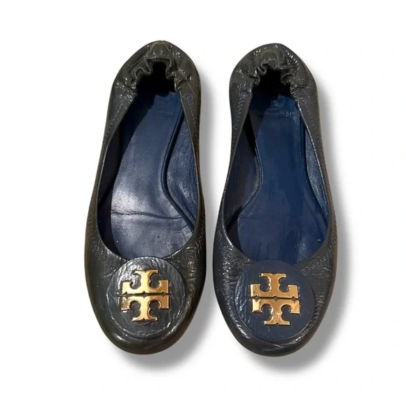 Tory Burch Minnie Scrunch Navy Blue Leather Ballet Flats‎ Sz 7 Estimated