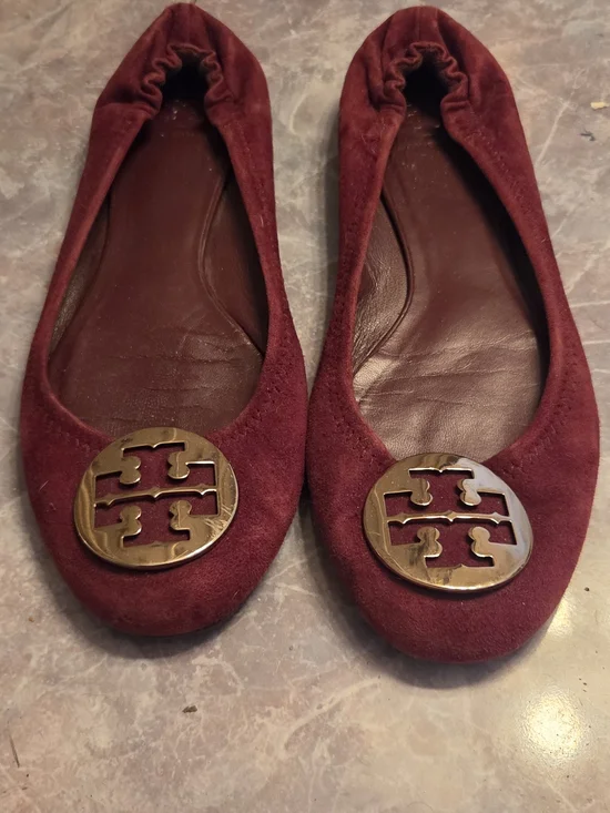 Tory Burch Burgundy Suede Reva Logo Ballet Flats