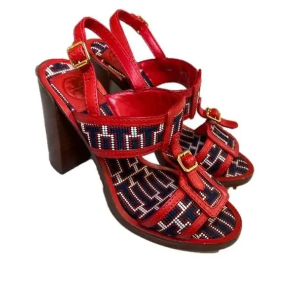 Tory Burch Florian Woven Leather  Red/Navy/White 4.25” Block Heel Sandal Size 8M