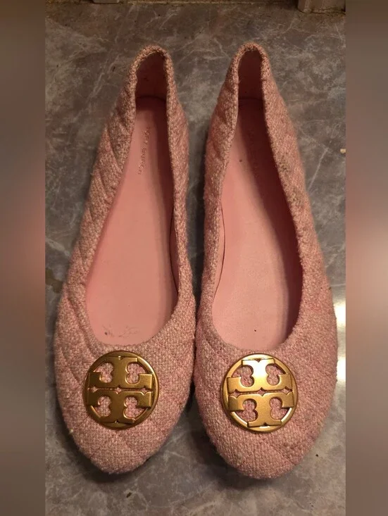 Tory Burch Pink Quilted Ballet Flats with Gold Logo
