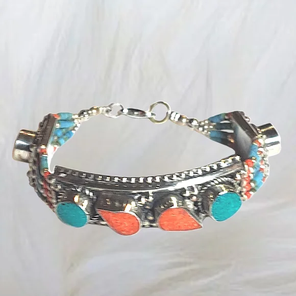 Silver Bracelet with Inlay Coral and Turquoise
