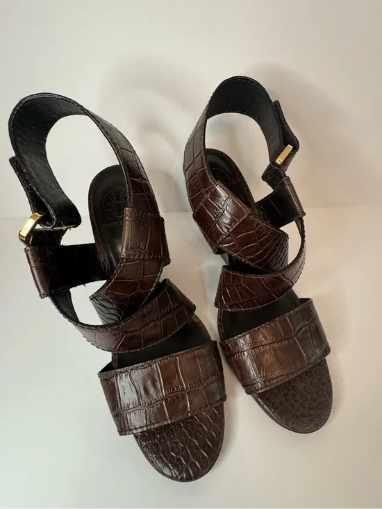 Tory Burch Brown Croc Embossed Leather Wedge Sandals Size 8