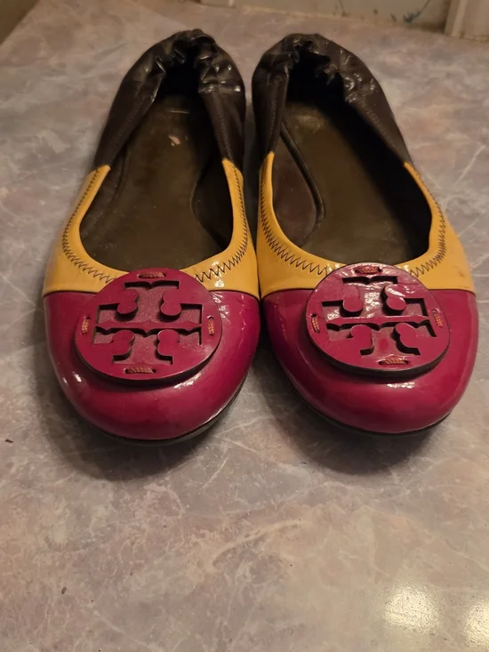Tory Burch Red, Yellow And Brown Patent Leather Ballet Flats