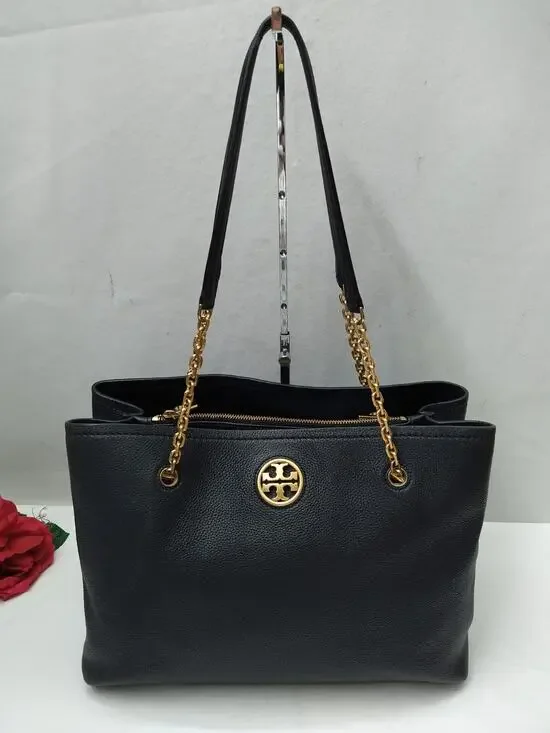 Tory Burch Black Pebbled Leather Chain Double Handles Tote Bag