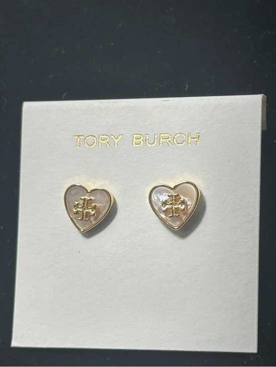Tory Burch Gold Mother of Pearl Heart Logo Stud Earrings