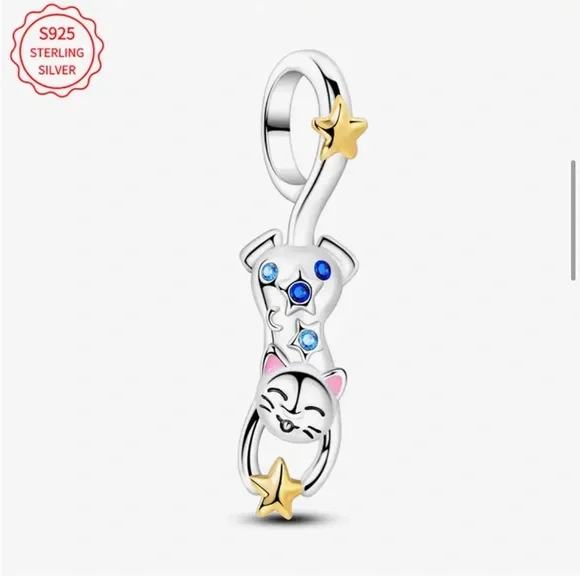 925 Star Catching Kitty Jewelry Charm-NEW