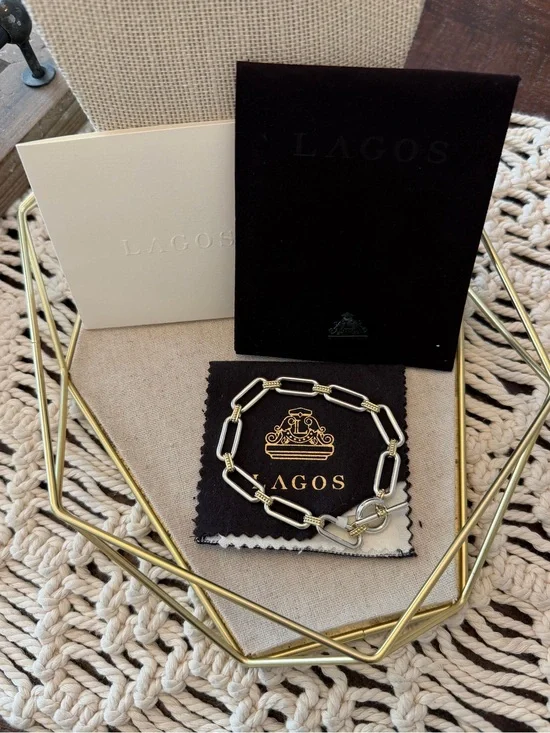 Lagos 18k Gold & Sterling Silver Signature Caviar Toggle Link Bracelet-Large-NWT