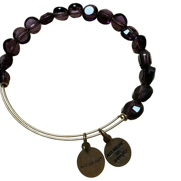 Alex and Ani Bangle Purple Beaded Expandable Gold‎ Tone Charm Bracelet