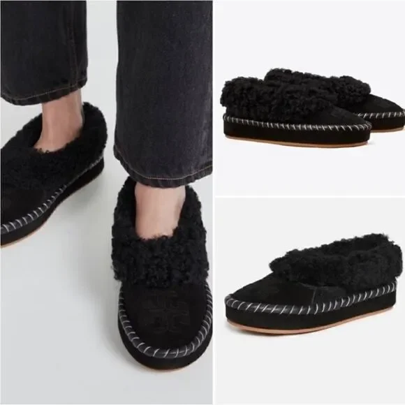 TORY BURCH SHEARLING SLIPPERS BLACK 6.5