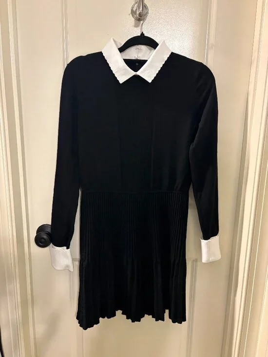 Tory Burch Wool Sweater Dress Large Black White Collar Pleated Knit Dress