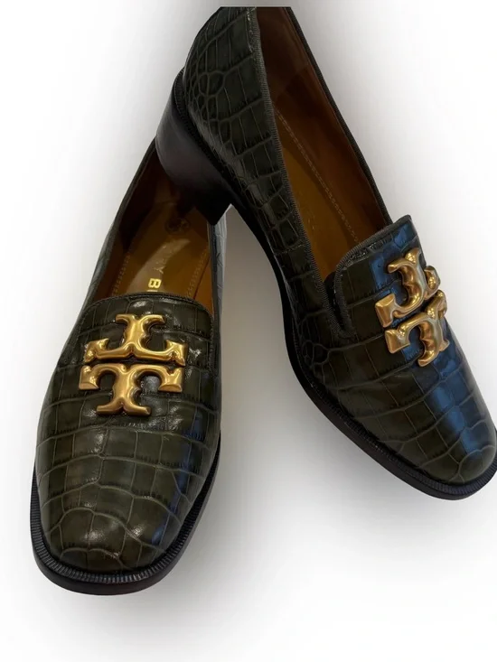 Tory Burch Eleanor Logo Heeled Leather Loafer Leccio Green Croc Embossed US 7.5