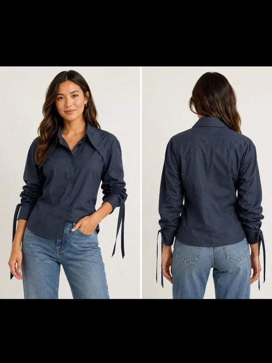 Tory Burch Poplin Shirt Black Cotton size‎ 2 small like NEW removable collar