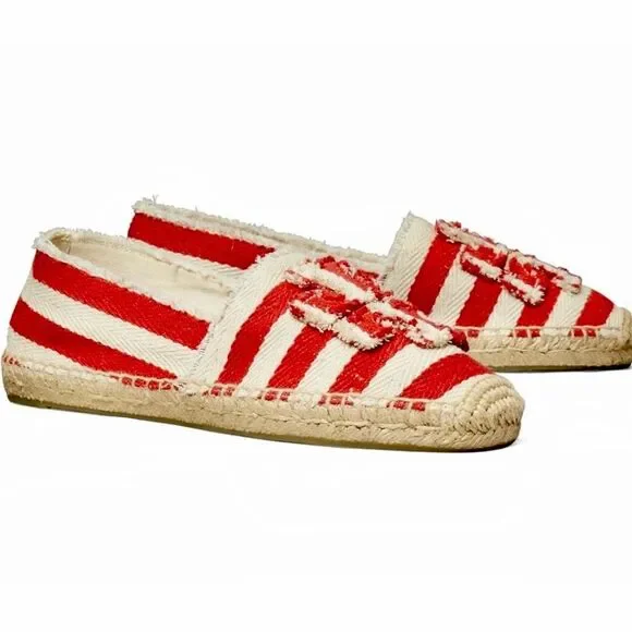 Tory Burch Espadrilles Flats Shoes Fray Stripe Red White NWOB 11