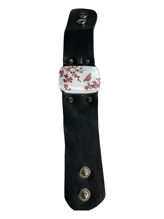 Leather Cuff Bracelet With Ceramic Bird & Floral Design Adjustable Snap Closure