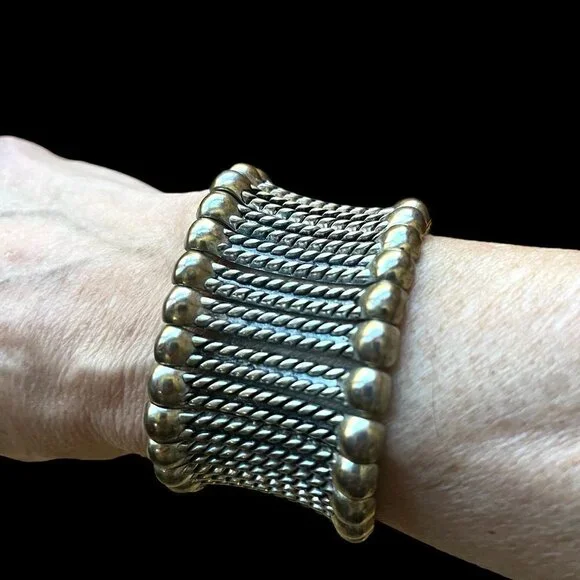 Large Silver Statement Bracelet Bubble Braid Details Stretch