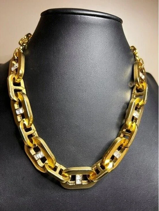 B6000 Ann Taylor Chunky Link Necklace Gold Tone Rhinestone  Statement 16