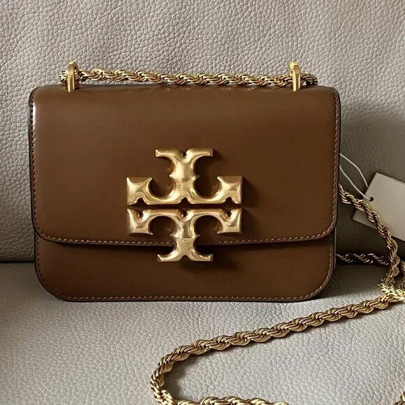 Tory Burch Brown Leather Shoulder Bag with Gold Logo and Chain
