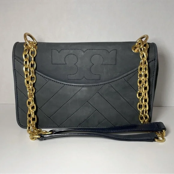 Tory Burch Alexa Quilted‎ suede Tote in navy Shoulder Bag Purse Handbag