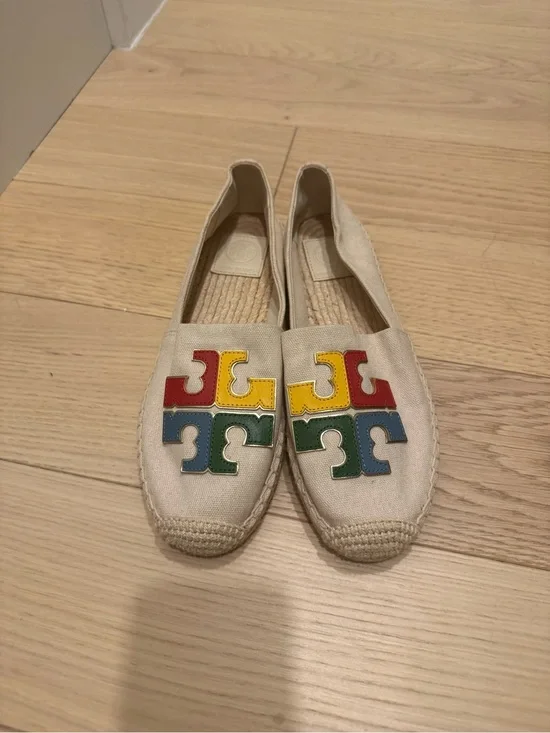 Tory Burch Cream Canvas Espadrilles with Multicolor Logo Accents