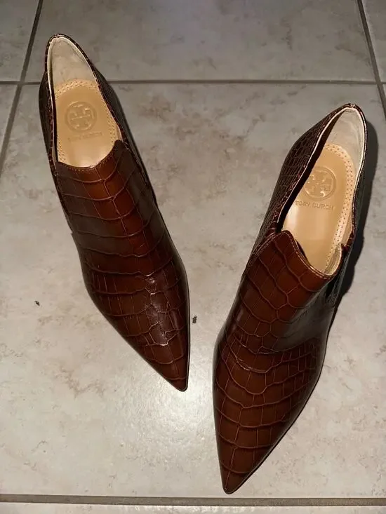Tory Burch Georgina Brown Croc Embossed Pointed Toe Booties Women’s 8M
