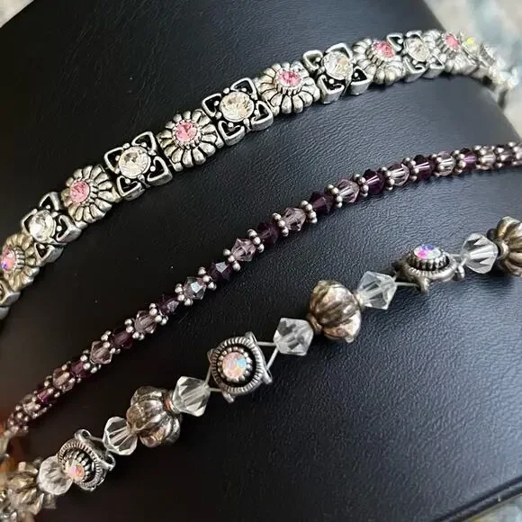 Silver + Pink, Purple, & Clear Crystal 3 Bracelet Stack Set