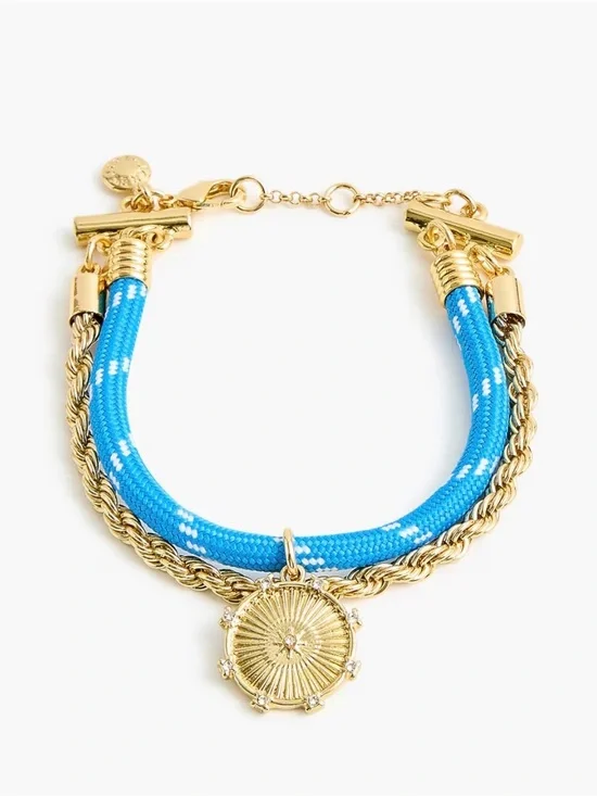 J. Crew Gold-Tone Medallion Bracelet with Bright Blue Cord