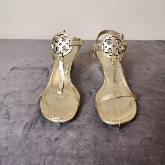 Tory Burch Gold Metallic Miller Logo T-Strap Low Wedge Sandal Leather Size 10M