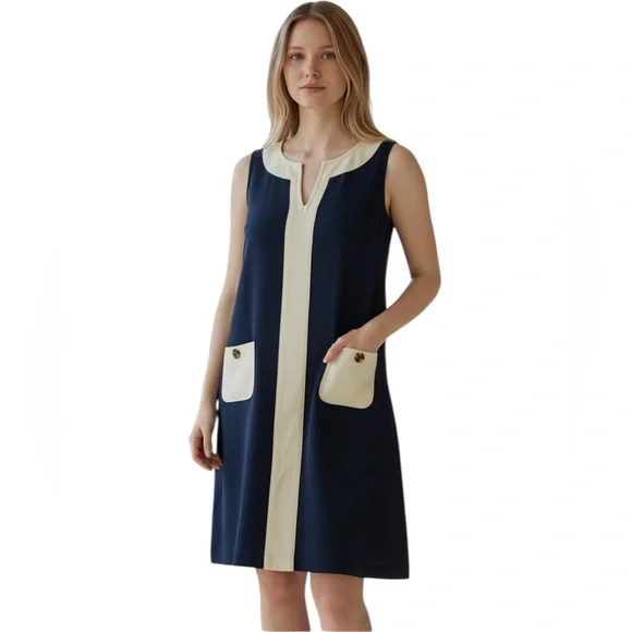 TORY BURCH VNECK LINED NAVY BLUE WHITE SLEEVELESS SILK COTTON DRESS 4