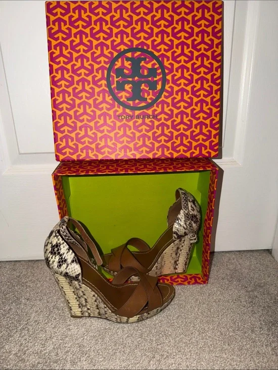 Tory Burch Brown Leather Wedges with Snake-Print Accents