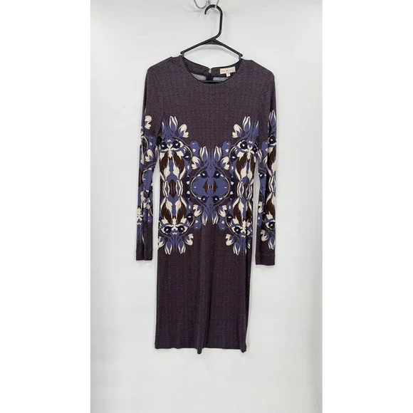 Tory Burch M Midi Sheath‎ Dress Womens Purple Blue Medallion Floral Long Sleeve