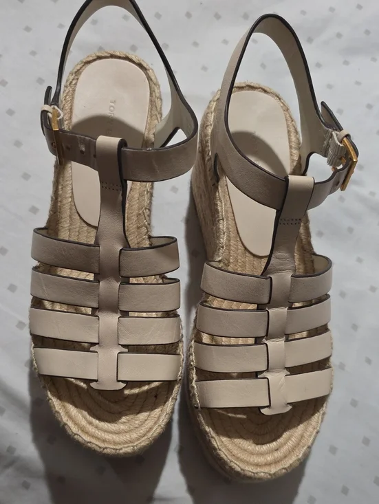 Tory Burch Neutral Leather Strappy Espadrille Wedge Sandals