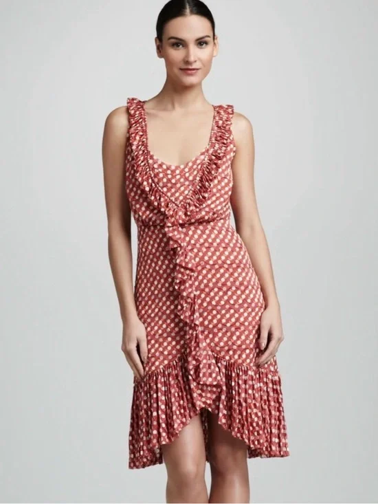 Tory Burch Janetta Polka Dot Ruffle Dress in Orange With Pleated Hem $550 Silk