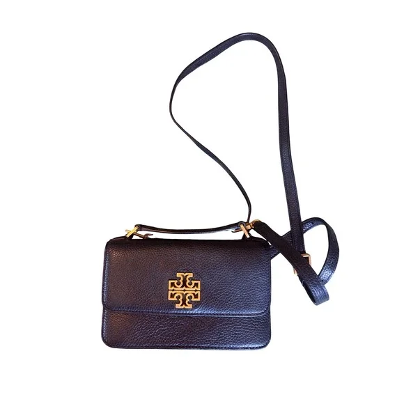 Tory Burch Britten Combo Crossbody Bag Black Pebbled Leather Gold Logo‎ Clutch