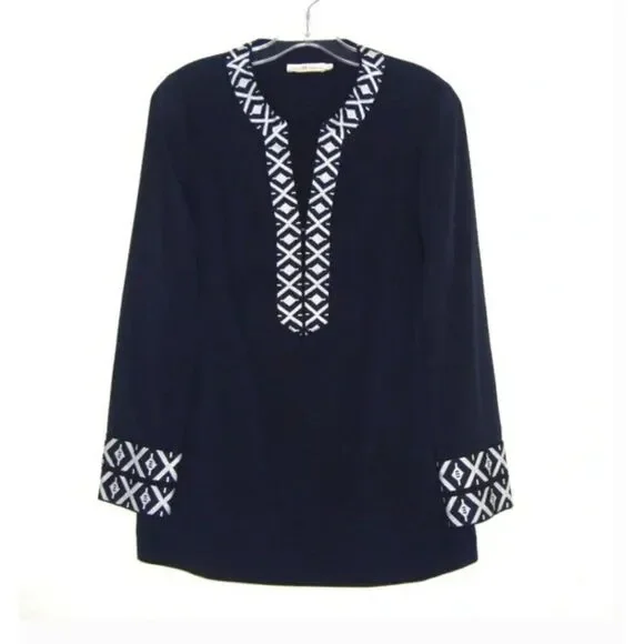 Tory Burch Womens Tunic With Taping Popover Blouse Top Size 4 Navy Blue NWT $295