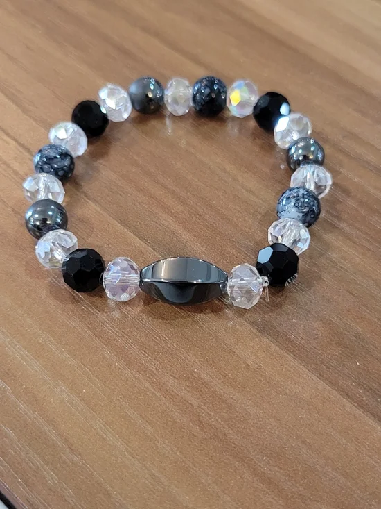 Handmade Black and Crystal Beaded Stretch Bracelet -