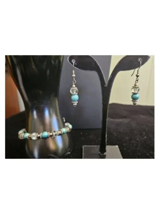 Handmade Blue and Antiqued Silvertone Beaded Bracelet and Earring Set