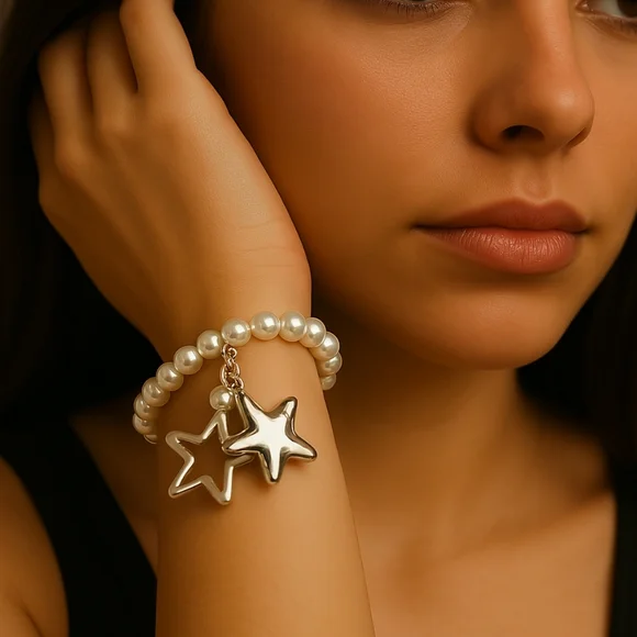 Periwinkle Silver tone Stars Beaded Stretchy Bracelet - Women's Fashion Jewelry
