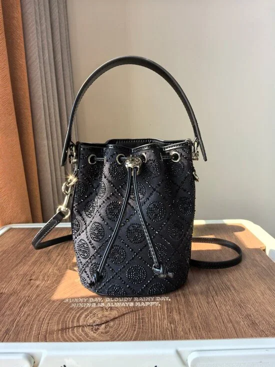 Tory Burch Black Rhinestone Monogram Mini Bucket Bag Two Straps