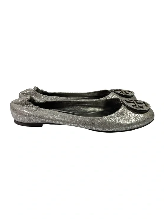 Tory Burch Reva Silver Metallic Tumbled Pebbled Leather Flats Size 10 M Travel