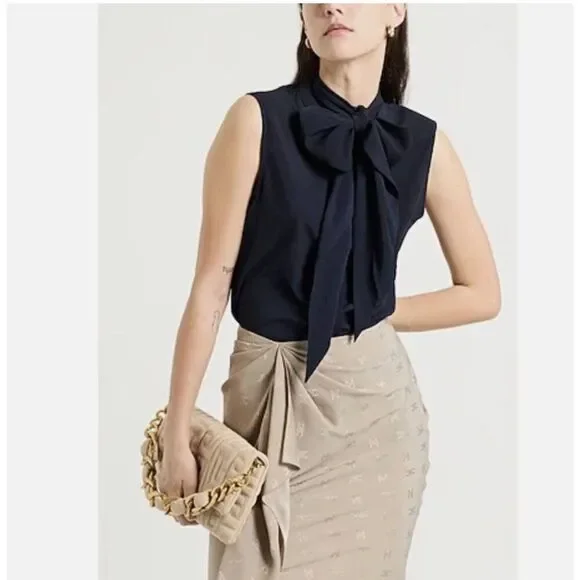 Tory Burch Womens Sleeveless Bow Blouse Shirt Top Size 8 Navy Blue NWT $250