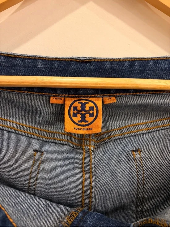 Tory Burch Super Skinny Jeans in Dark and Light Blue with Gold Stitching