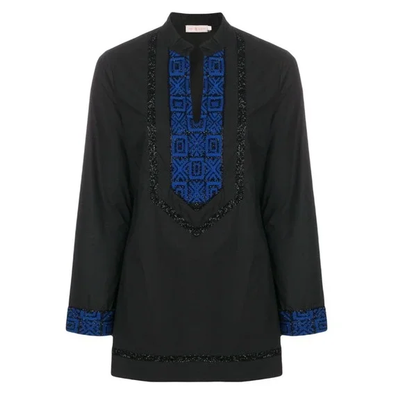 Tory Burch Cotton Tunic‎ Blue Black Embroidered Beaded Boho Top Size 6