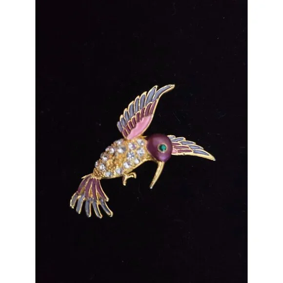 Vintage Hummingbird Brooch With Rhinestones & Enamel‎