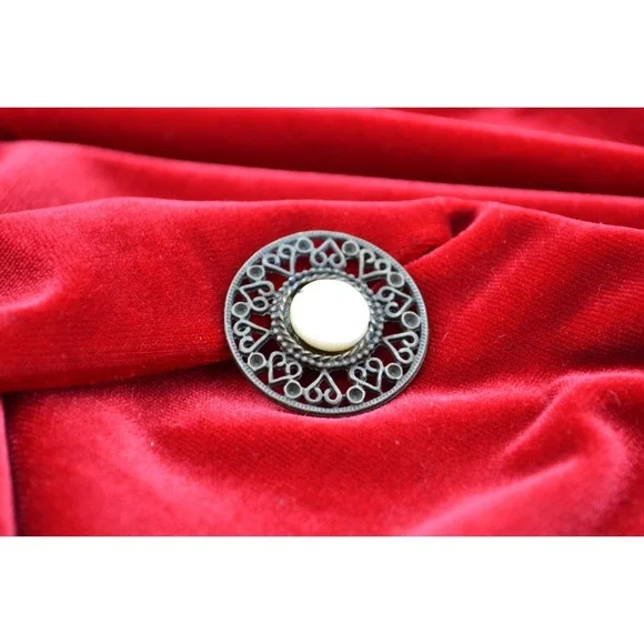 Vintage Filigree Heart Round Brooch Antiqued Bronze Faux Pearl Victorian Style
