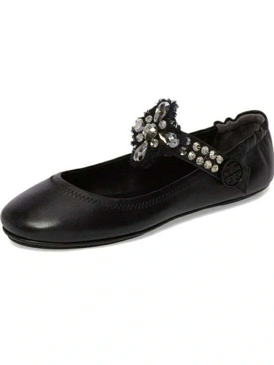 Tory Burch Minnie Black Leather Convertible Crystal Embellished Ballet Flats 10
