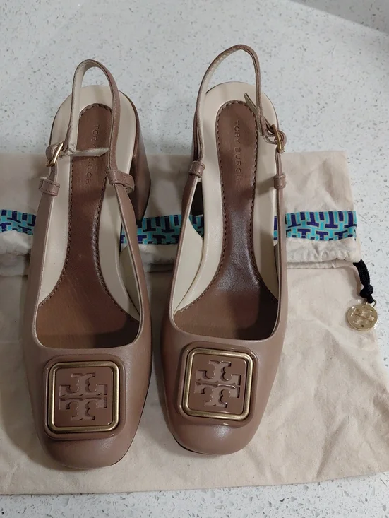 Tory Burch Nude/Tan Leather Slingback Pumps with Logo Plaque