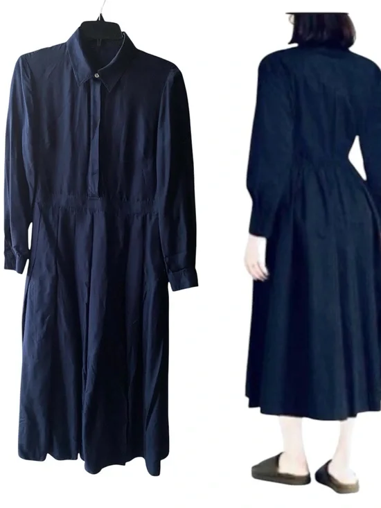 TORY BURCH SILK Navy Blue 100% Silk Pleated Midi Shirtdress long sleeve