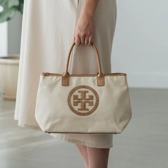 Tory Burch Ella Recycled Nylon Tote Cream Tan Large Logo Tote Bag